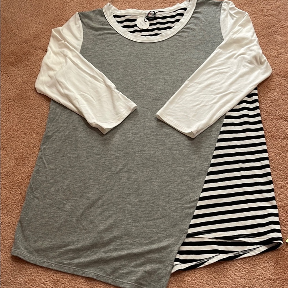 Gray black and White Striped asymmetrical Shirt made in USA